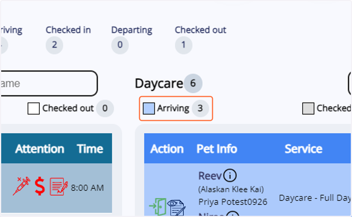 When you click on 'Arriving' under a service, it sorts the appointments accordingly.