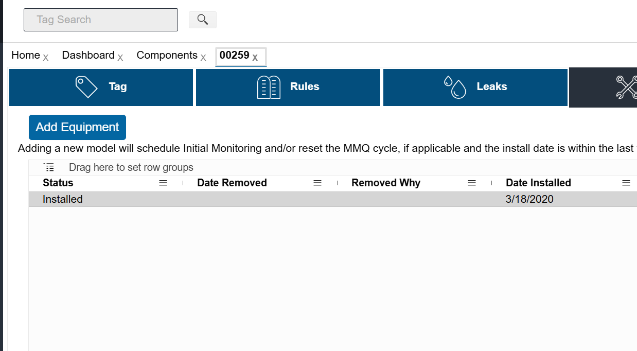 To remove an existing piece of equipment, click on the record.