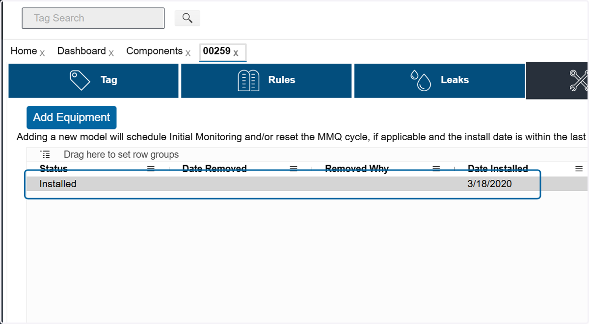 To remove an existing piece of equipment, click on the record.