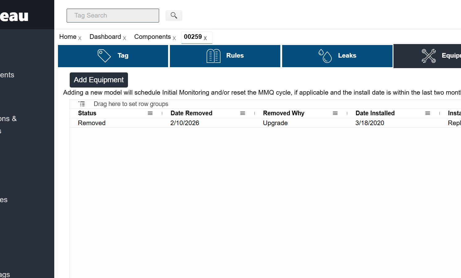 To add equipment, click on Add Equipment