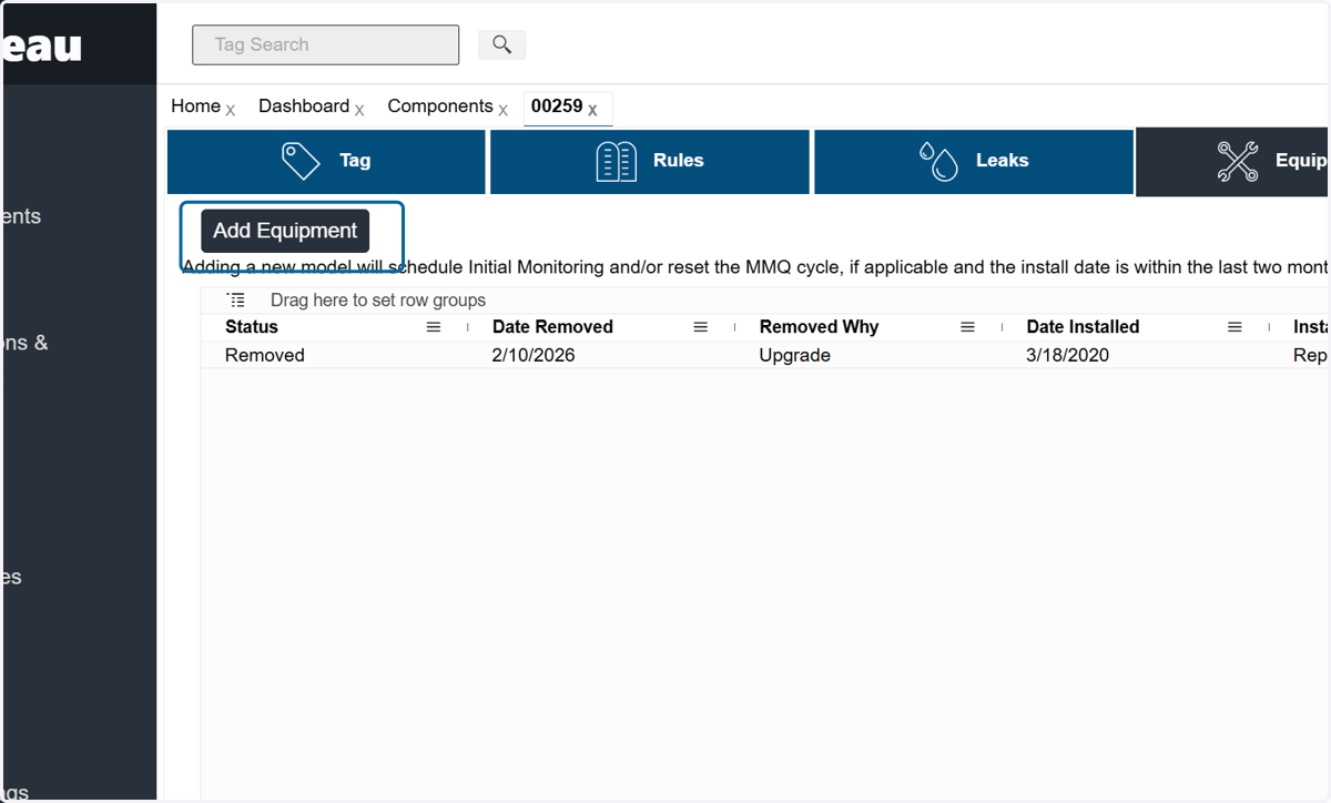 To add equipment, click on Add Equipment