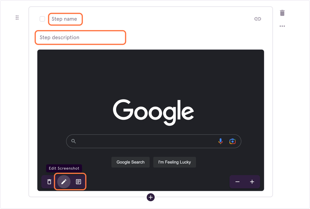 After completing capture, you can edit the name, step names, step description, the captured image, and add alt text to the image of your new Tango