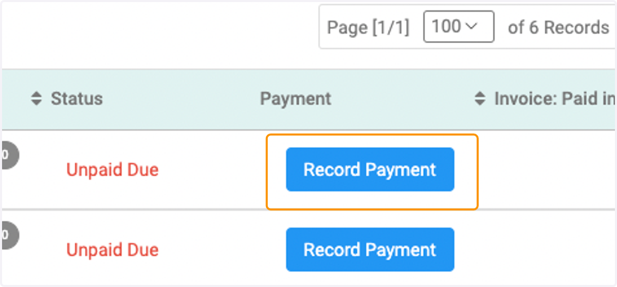 Search for your unpaid invoice and then click on Record Payment