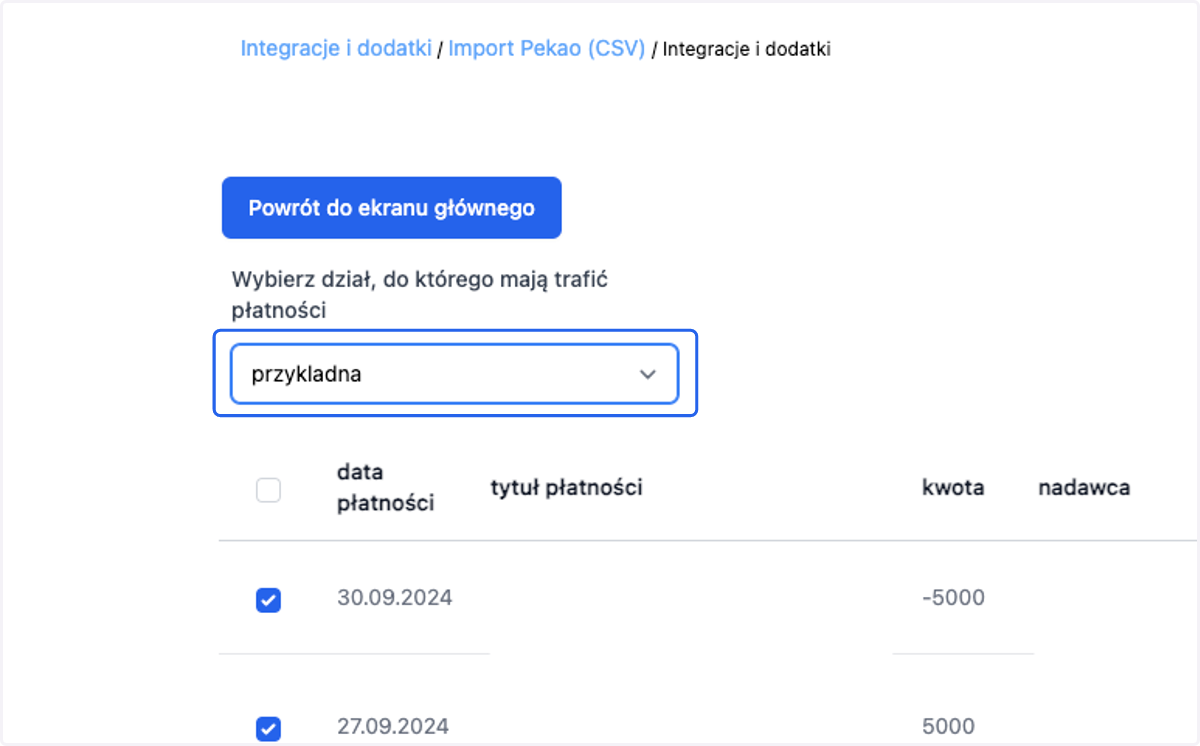 Wybierz dział, do którego mają trafić płatności