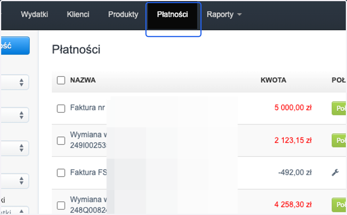 Chcąc zweryfikować poprawność połączenia płatności z fakturami przejdź do zakładki > Płatności