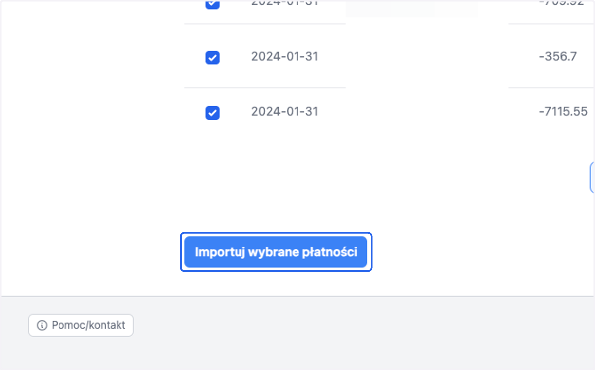 kliknij > Importuj wybrane płatności