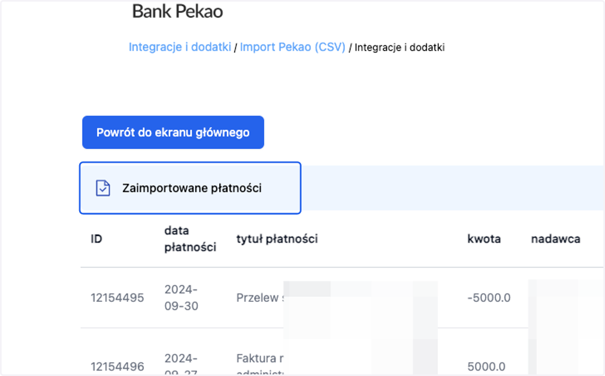 po ukończeniu importu pojawi się komunikat > Zaimportowane płatności