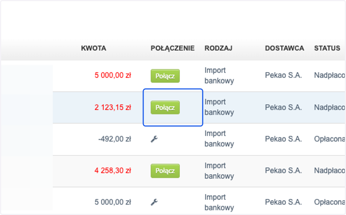 oraz te, które będą wymagały ręcznego połączenia za pomocą funkcji > Połącz