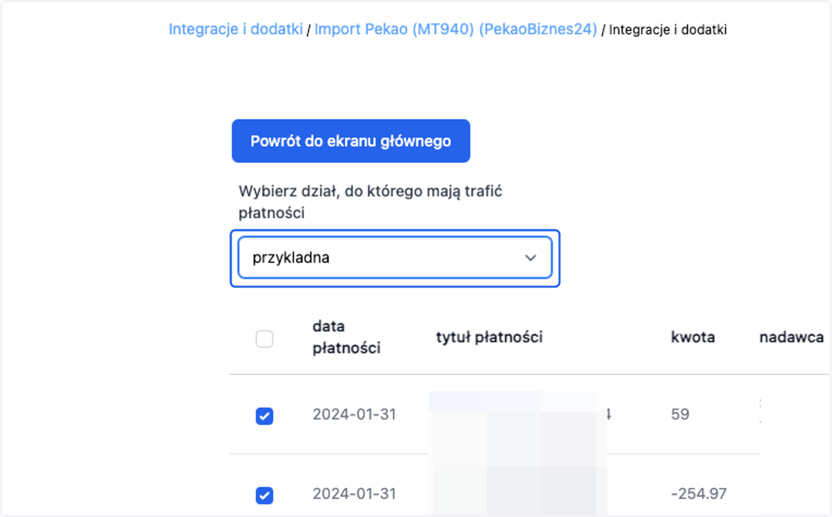 Wybierz dział, do którego mają trafić płatności