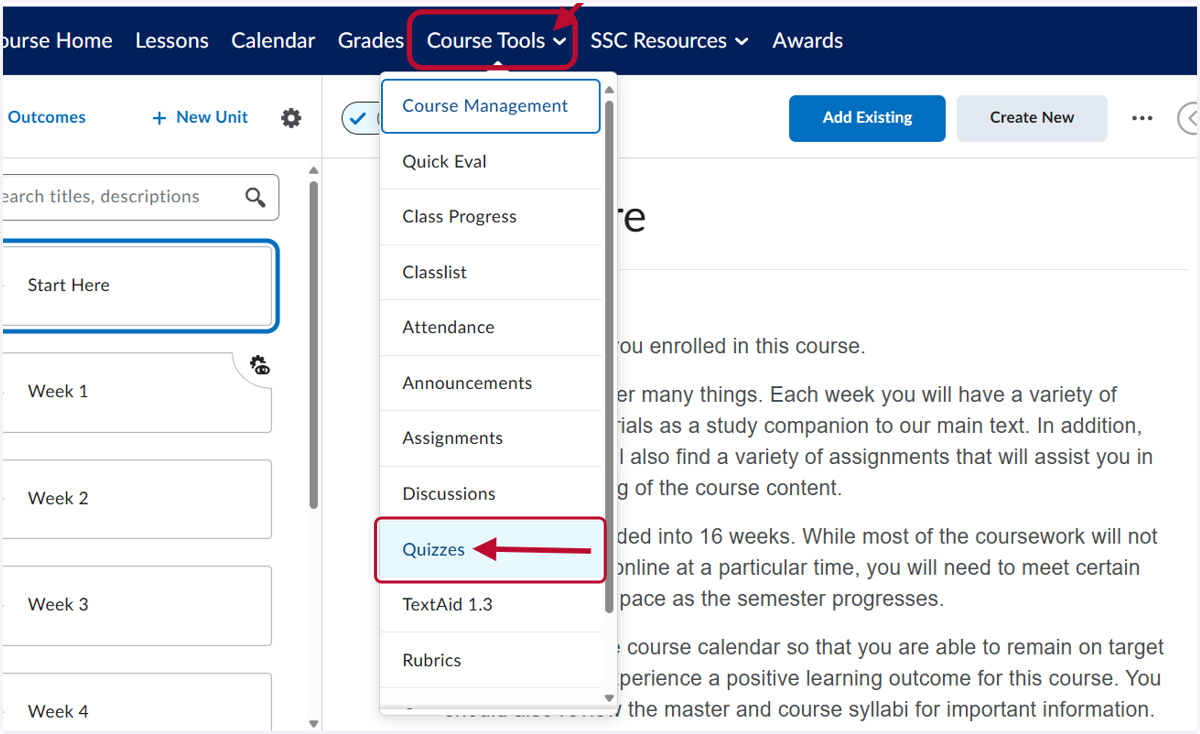 Click on Course Tools and then Quizzes
