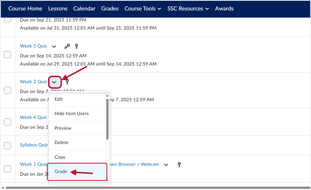 Click on the down arrow for the quiz and then Grade.