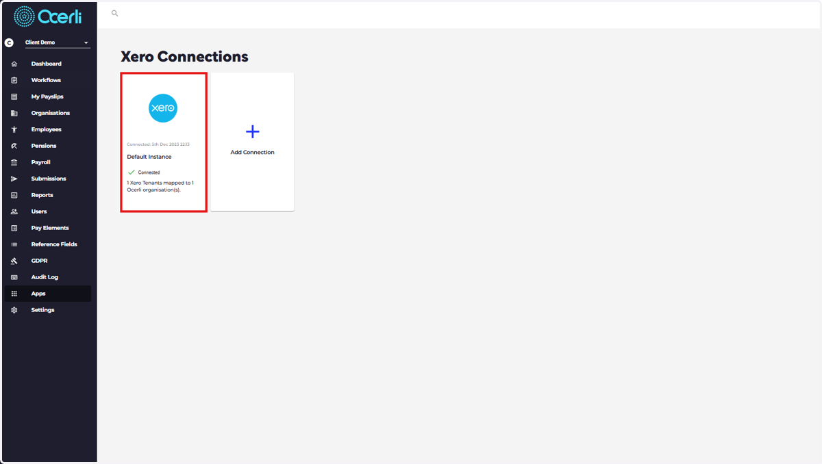 Click on your Xero Connected Organisation