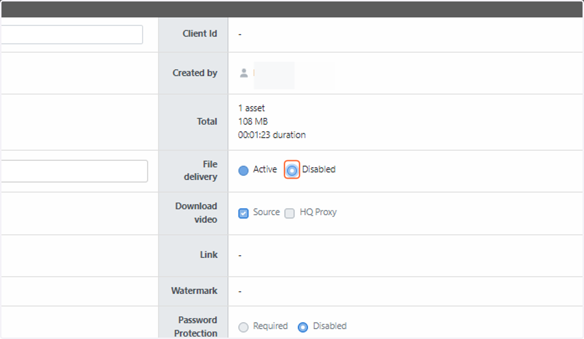 Click the “Disabled” button in the “Delivery Details” table