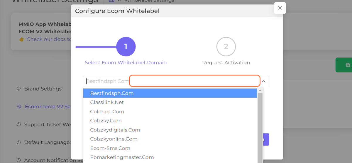 Select the Domain for Ecom V2 Whitelabel