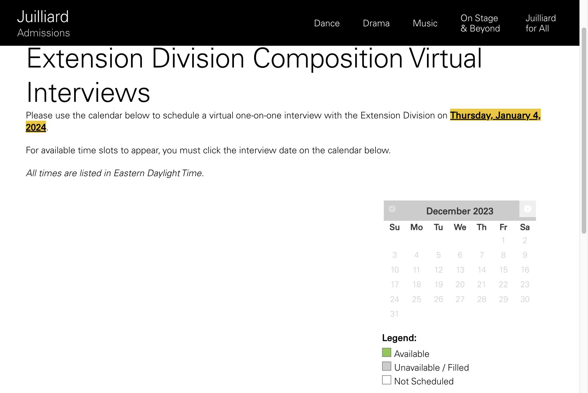 Once you select the Interview Registration Link, read the text and toggle to the interview date.
