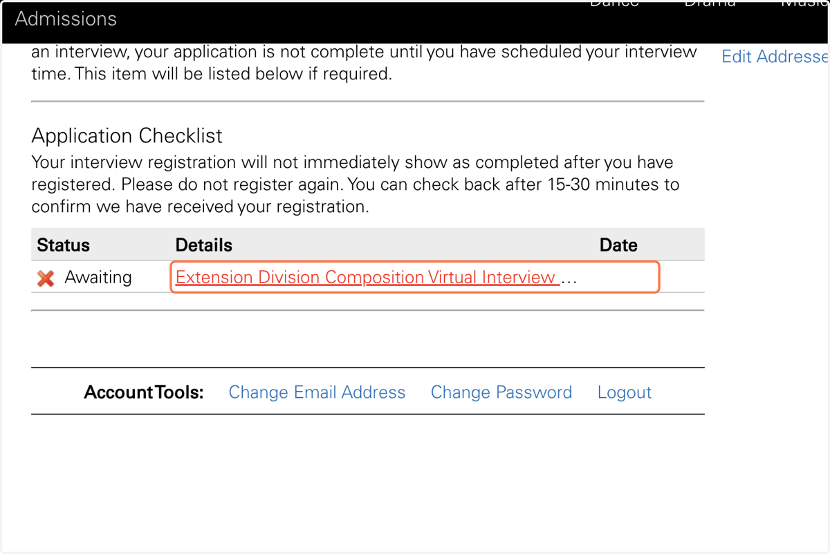 Click on Extension Division Virtual Interview Registration link.