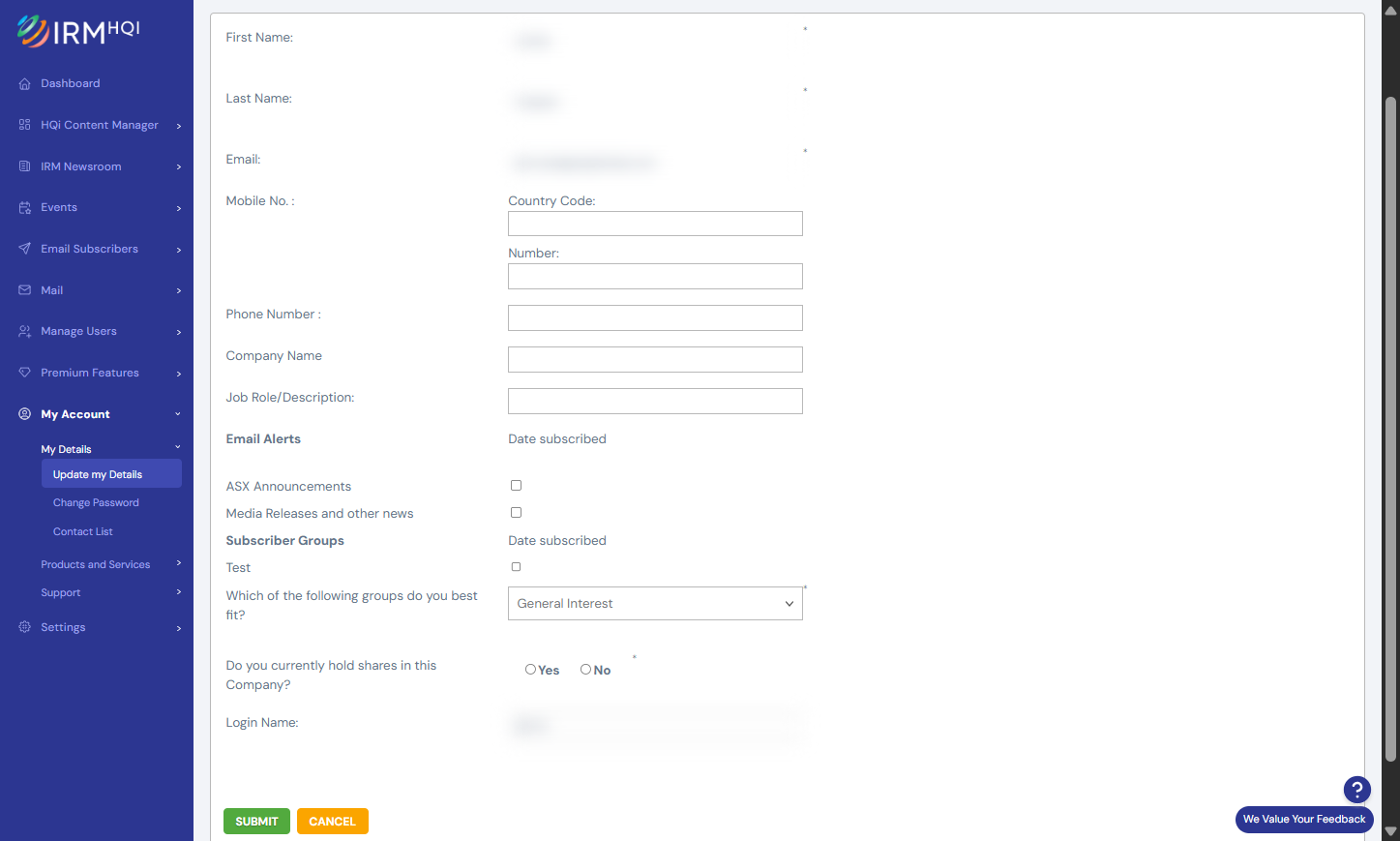 On the following page, change your email alert preferences and personal details then hit the "Submit" button to save your amends.