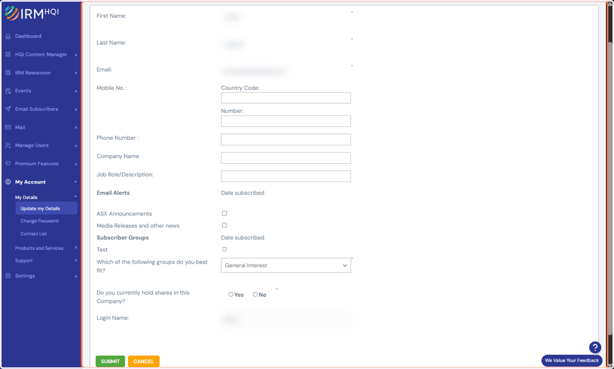 On the following page, change your email alert preferences and personal details then hit the "Submit" button to save your amends.