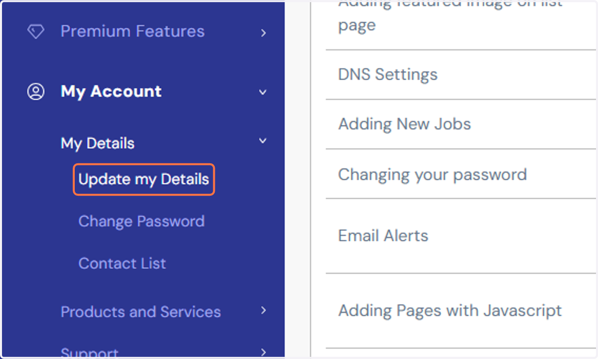 Click on "My Details" link under HQi's "My Account" section and tap "Update my Details".