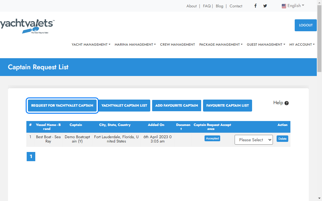 Click on REQUEST FOR YACHTVALET CAPTAIN