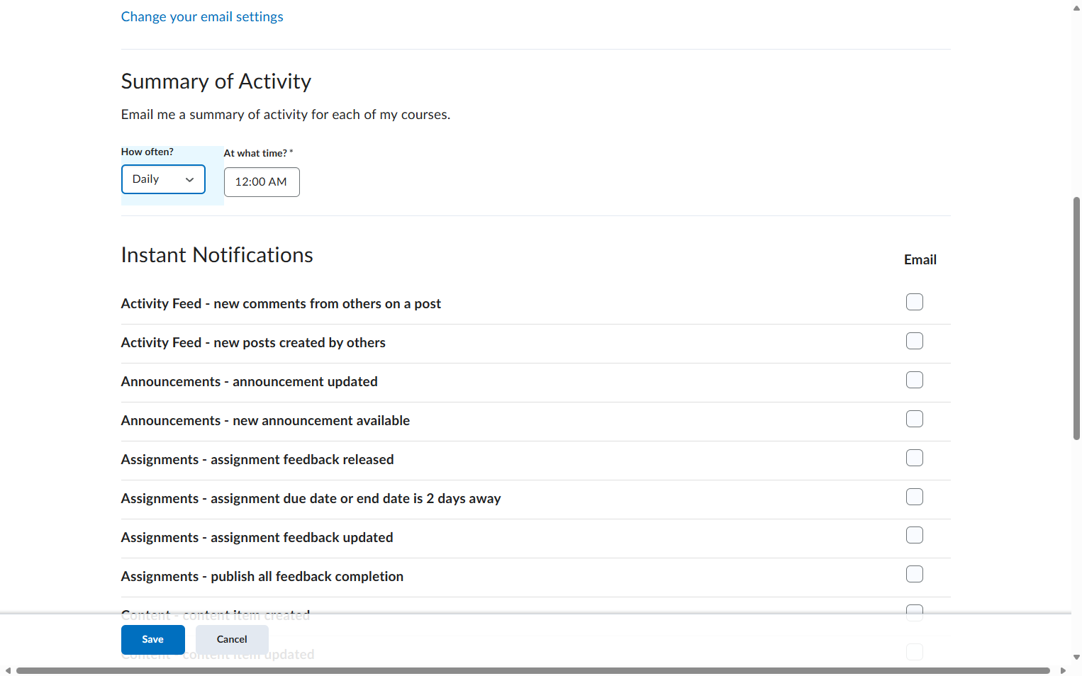 Select when you want to receive notifications