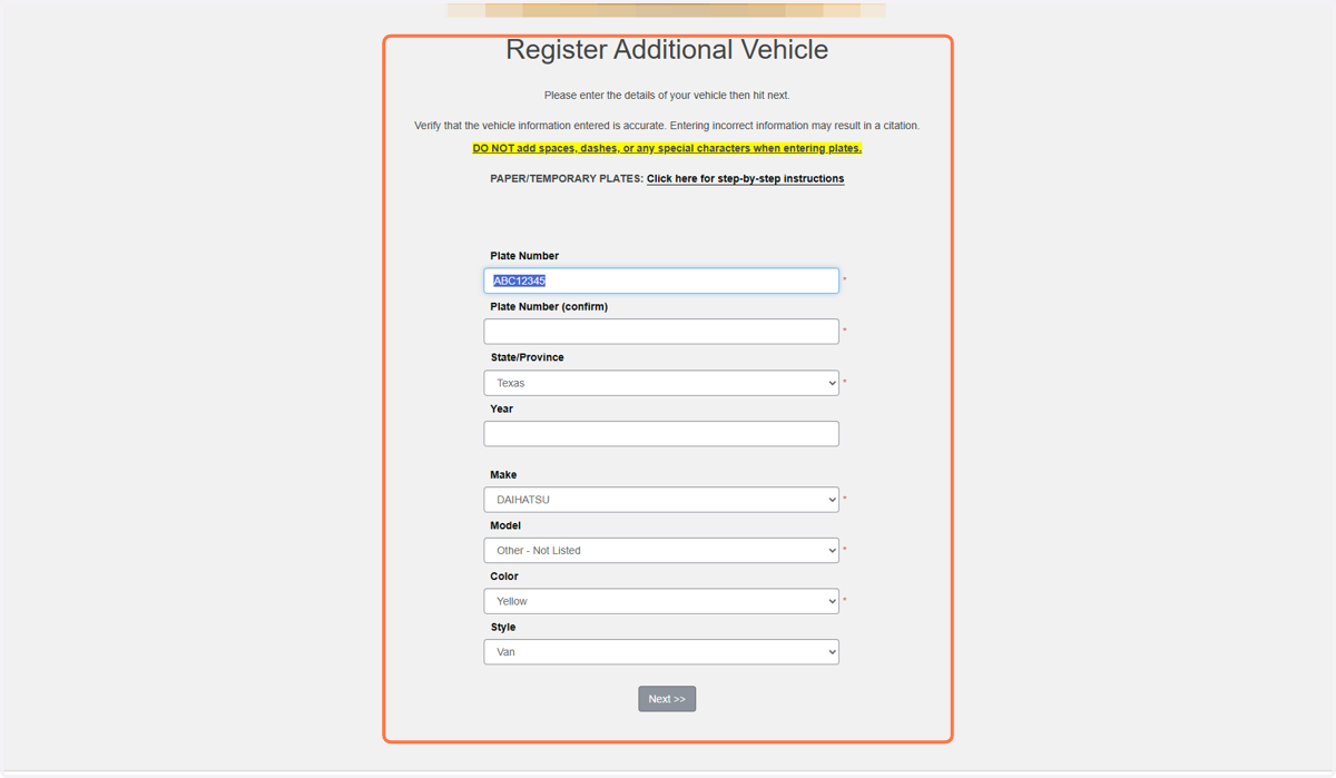 Update information as needed then click next to return to the vehicle page