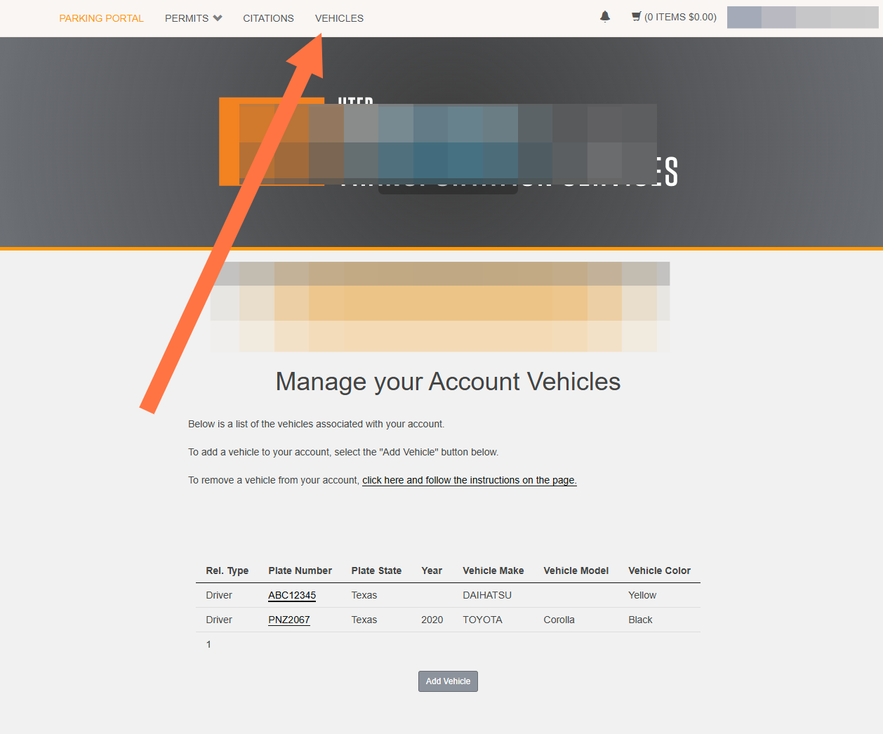 Click Vehicles at the top to pull up the vehicle page, then click on the plates of the vehicle you want to edit