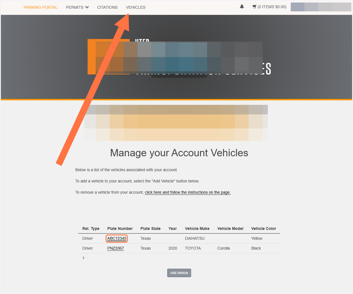 Click Vehicles at the top to pull up the vehicle page, then click on the plates of the vehicle you want to edit