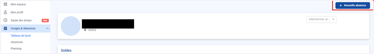 Cliquer sur "Congés & Absences", puis sur "Tableau de bord" et enfin "+ Nouvelle Absence"