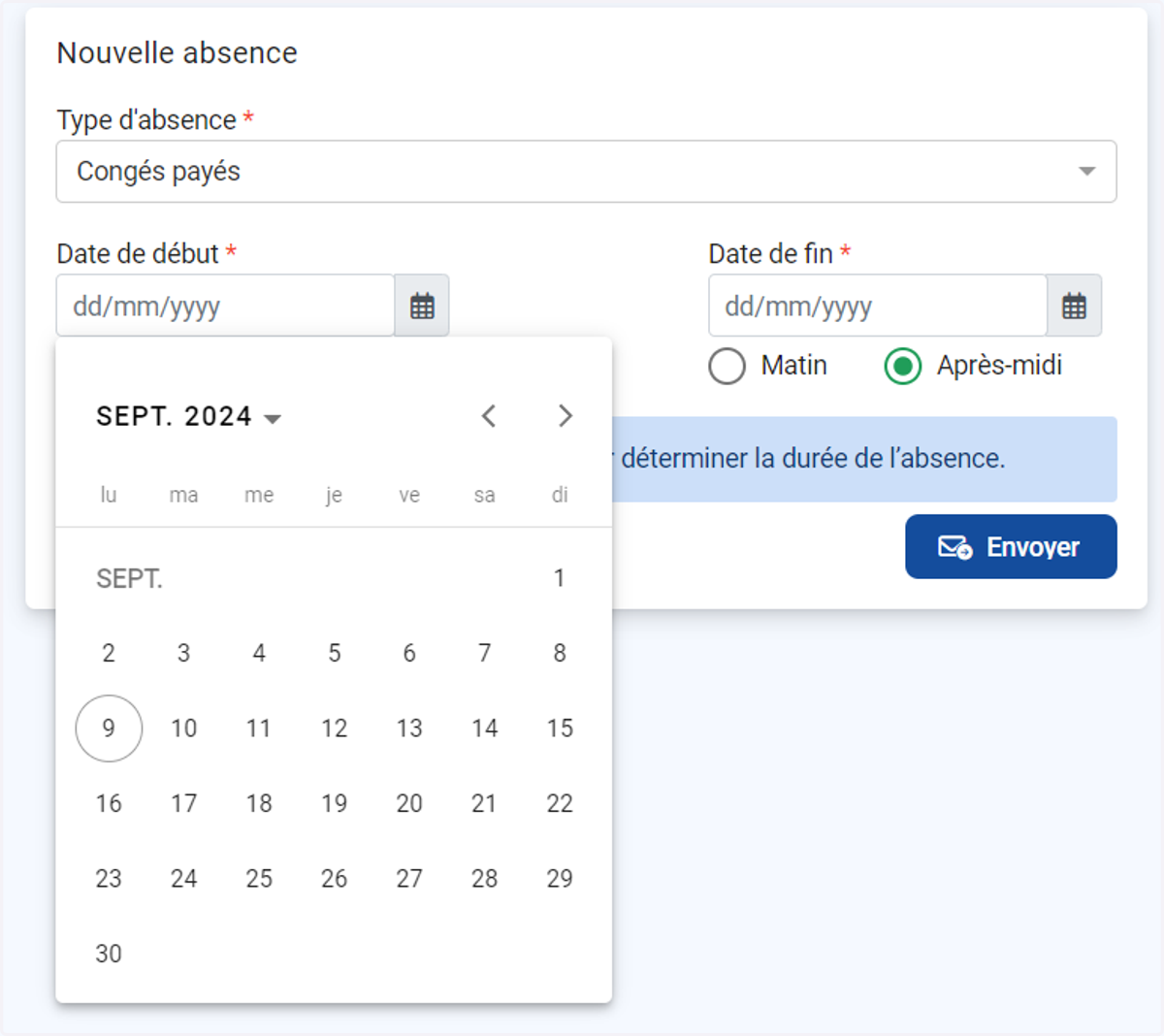 Sélectionner les dates de début et de fin du congé
