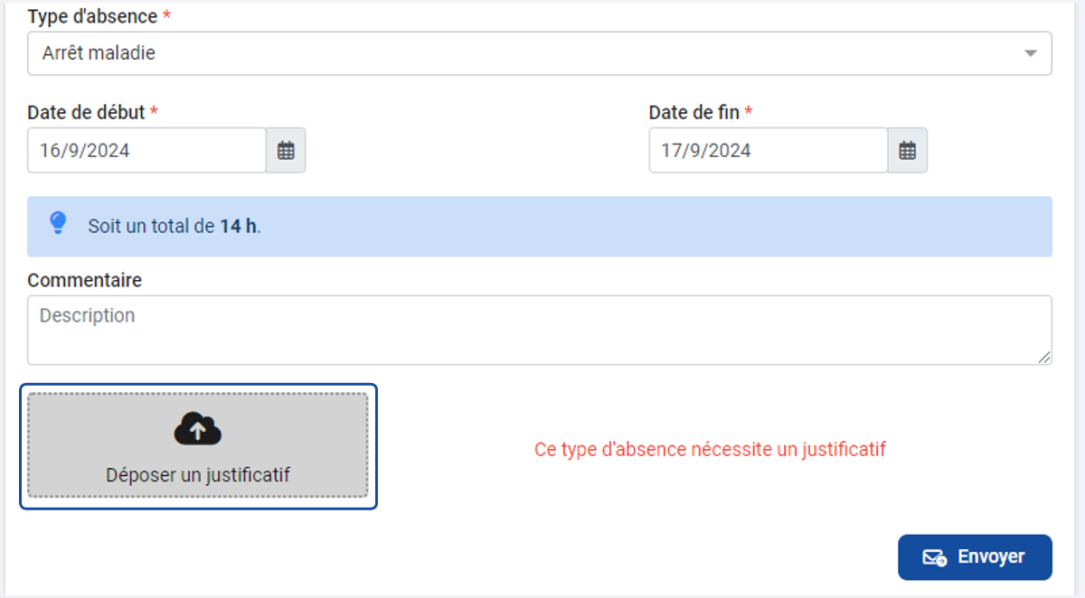 Ajouter un justificatif si l'absence le demande (par exemple pour un arrêt maladie)