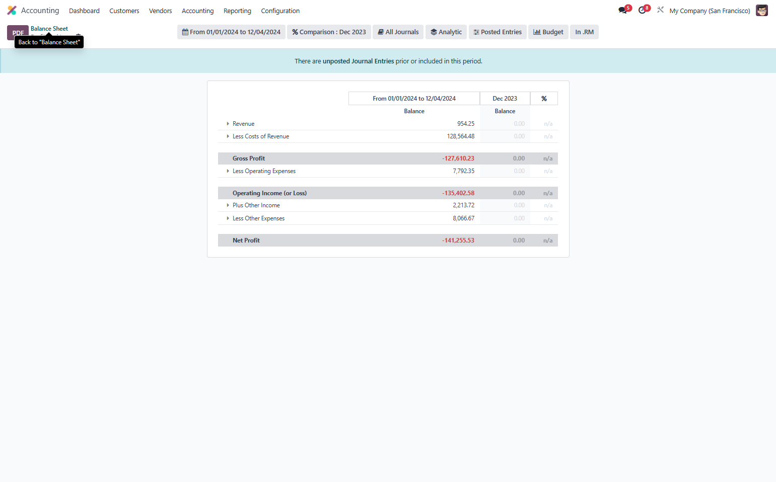 Click on Balance Sheet