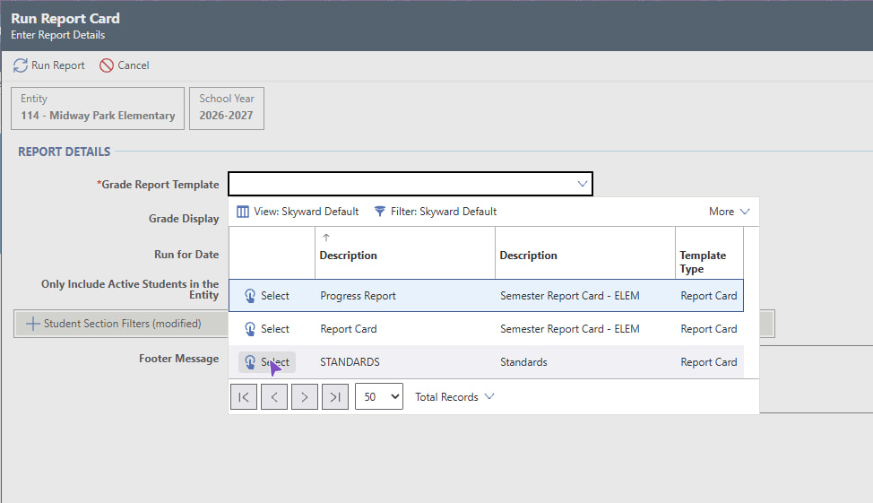 Click the Grade Report Template Drop Down and select STANDARDS