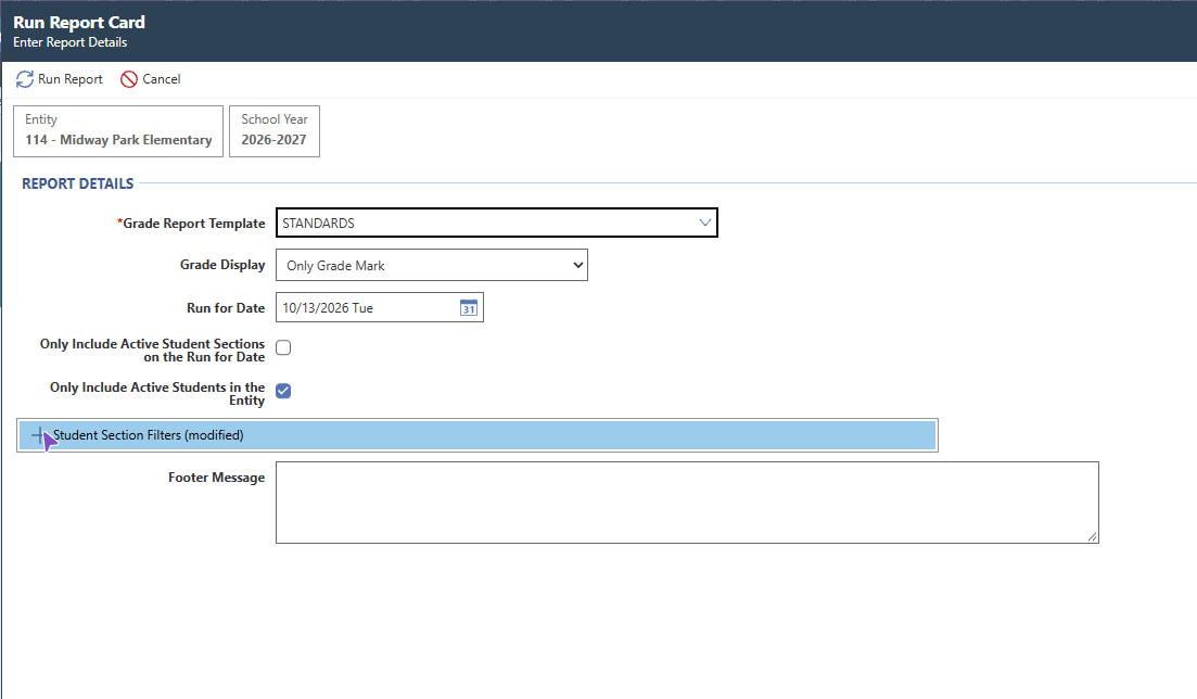 From there, you can click Run Report at the top or use the student section filters if needed.