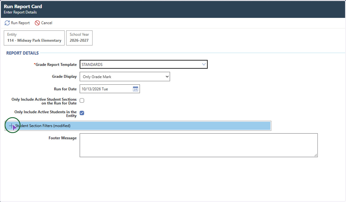 From there, you can click Run Report at the top or use the student section filters if needed.