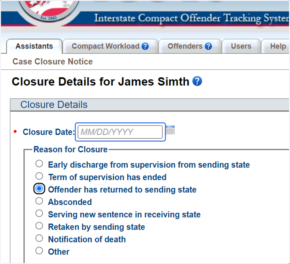 Provide the closure date