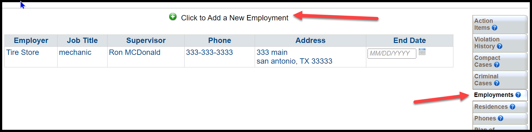 This screenshot shows where to make the employment updates.