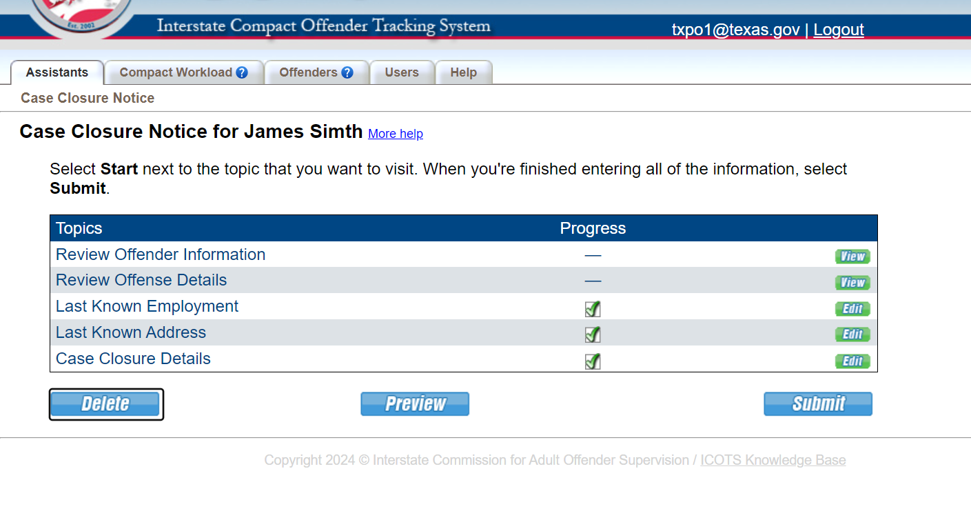 Be sure to preview the Case Closure Notice to view how it will be saved and display in ICOTS. When completed, click 'Submit.'