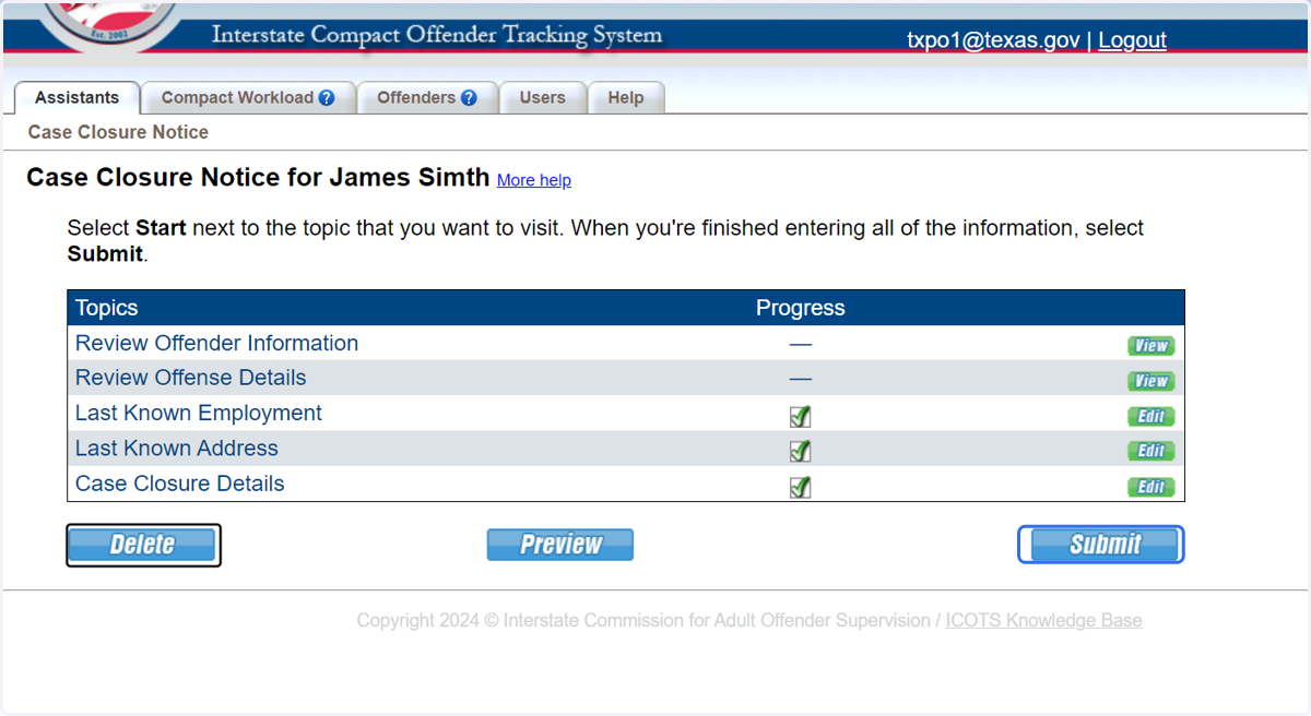 Be sure to preview the Case Closure Notice to view how it will be saved and display in ICOTS. When completed, click 'Submit.'