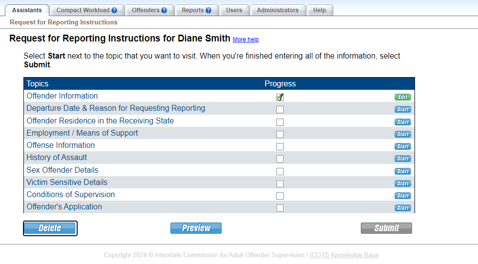 Proceed to Departure Date and Reason for RIs by clicking Start