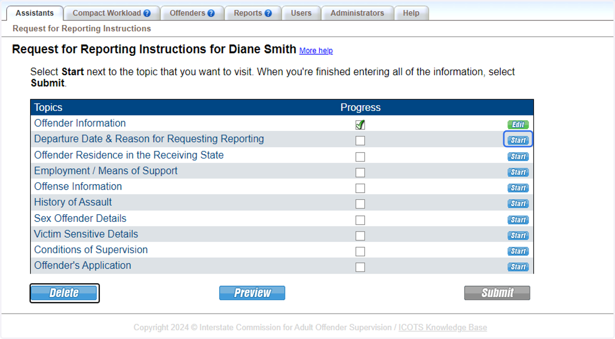 Proceed to Departure Date and Reason for RIs by clicking Start