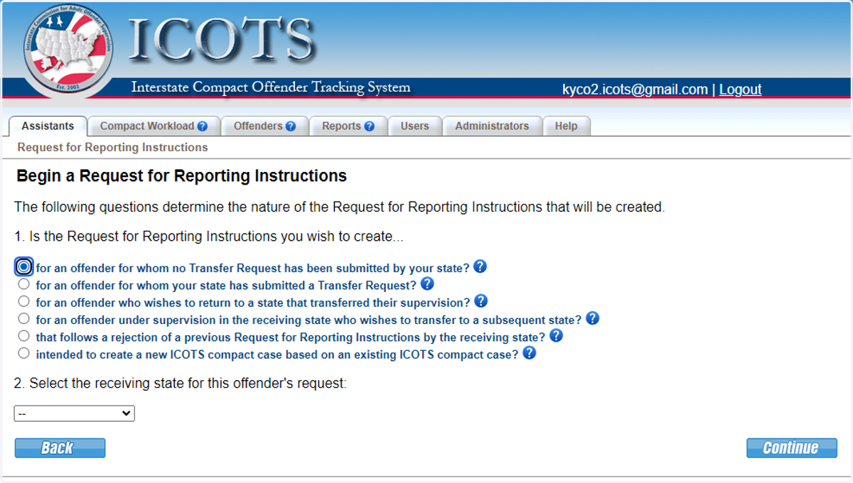Select for an offender for whom no Transfer Request has been submitted by your state