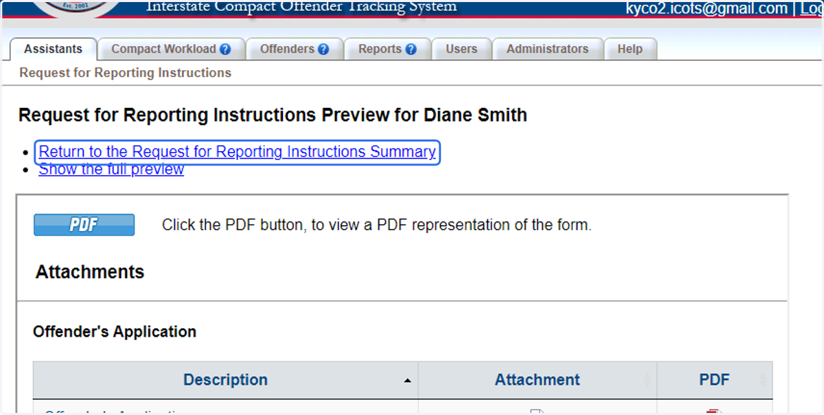 Once reviewed, return to the Request for Reporting Instructions Summary