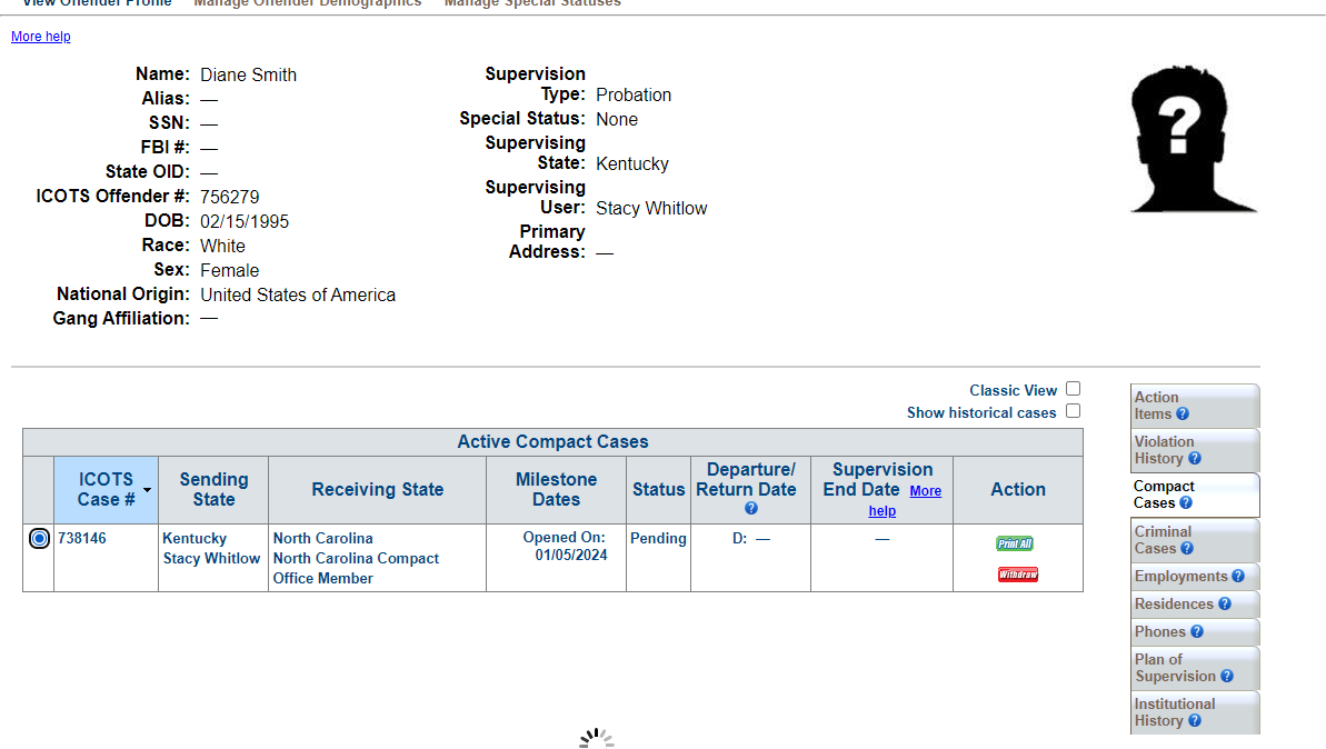 To create the transfer request, select the compact case from the Compact Cases menu