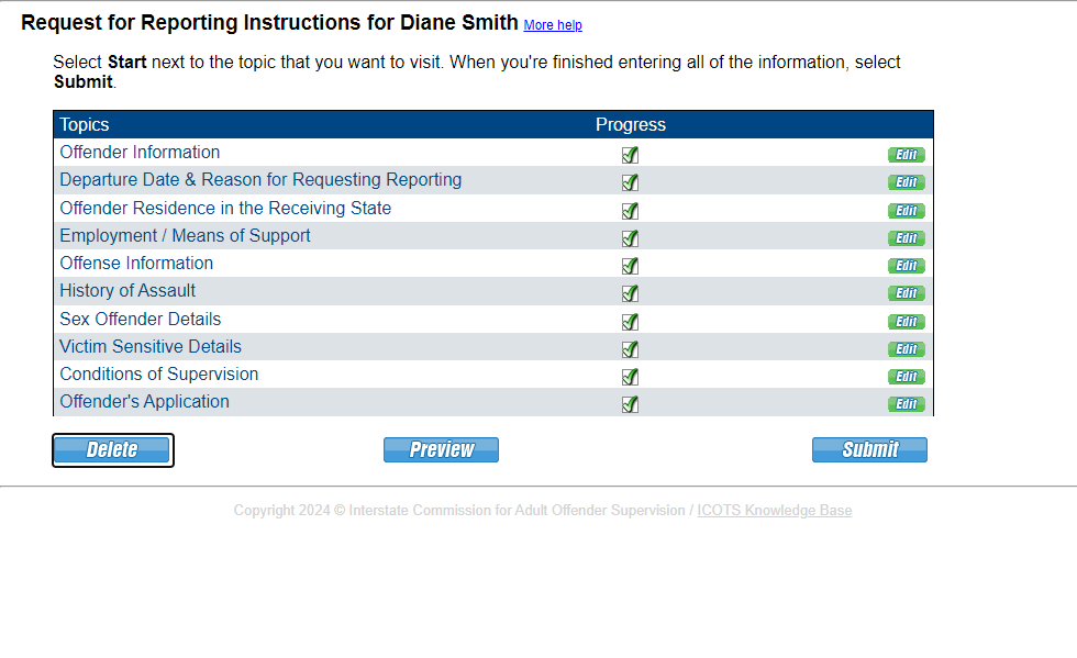 Once completed and ready for submission, be sure to Preview the Reporting Instructions Request. This shows how the documentation will appear for review.