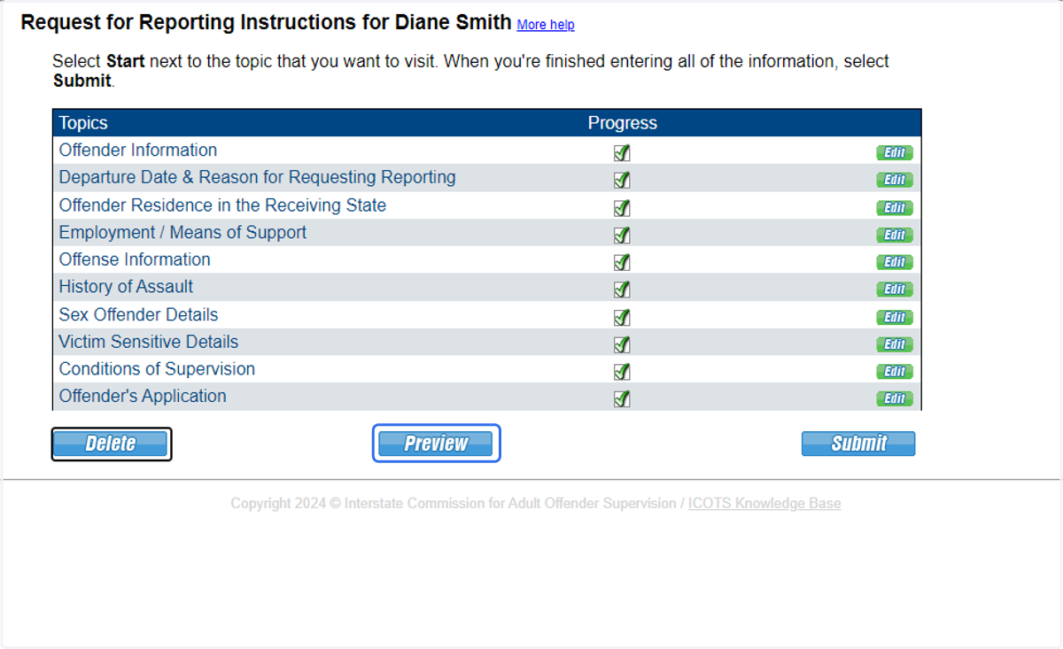 Once completed and ready for submission, be sure to Preview the Reporting Instructions Request. This shows how the documentation will appear for review.