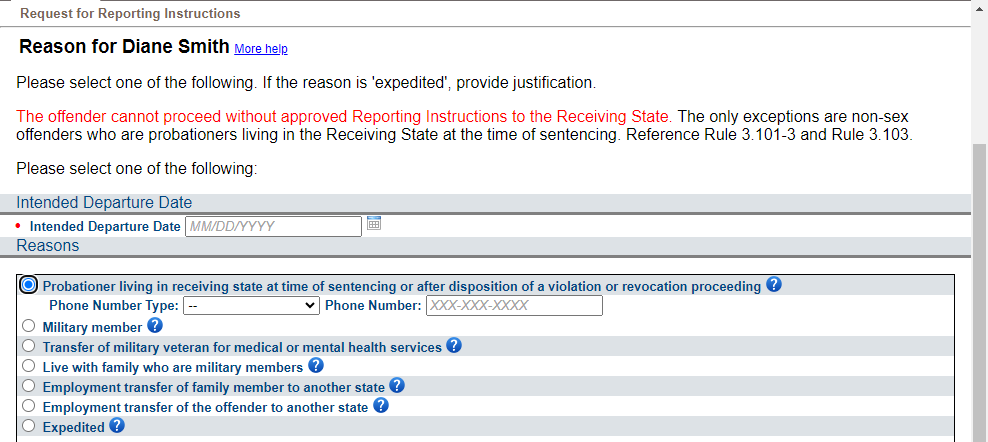 Select Probationer living in receiving state at time of sentencing or after disposition of a violation or revocation proceeding