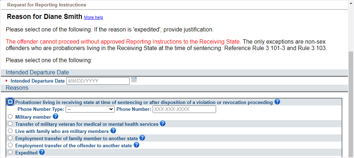 Select Probationer living in receiving state at time of sentencing or after disposition of a violation or revocation proceeding