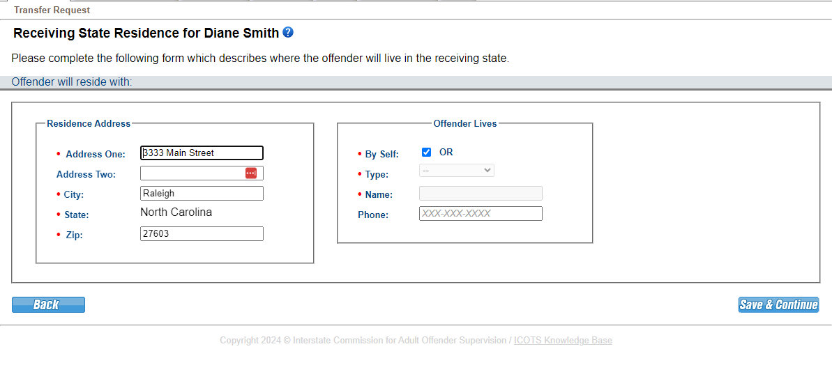 Notice, ICOTS pre-populates the data previously entered on the Request for Reporting Instructions. Confirm the data and click 'Save & Continue'
