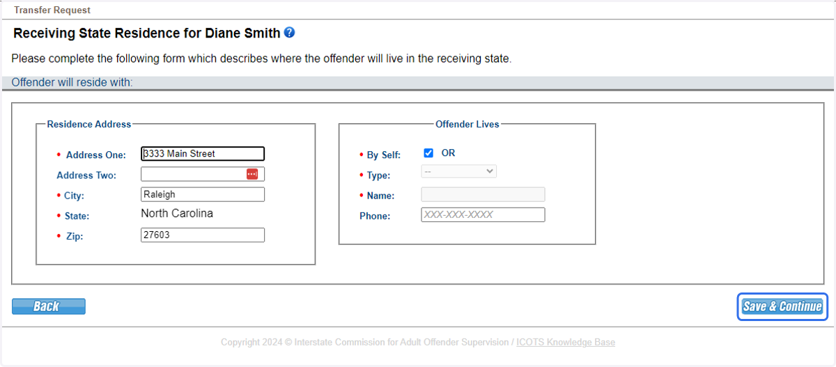 Notice, ICOTS pre-populates the data previously entered on the Request for Reporting Instructions. Confirm the data and click 'Save & Continue'